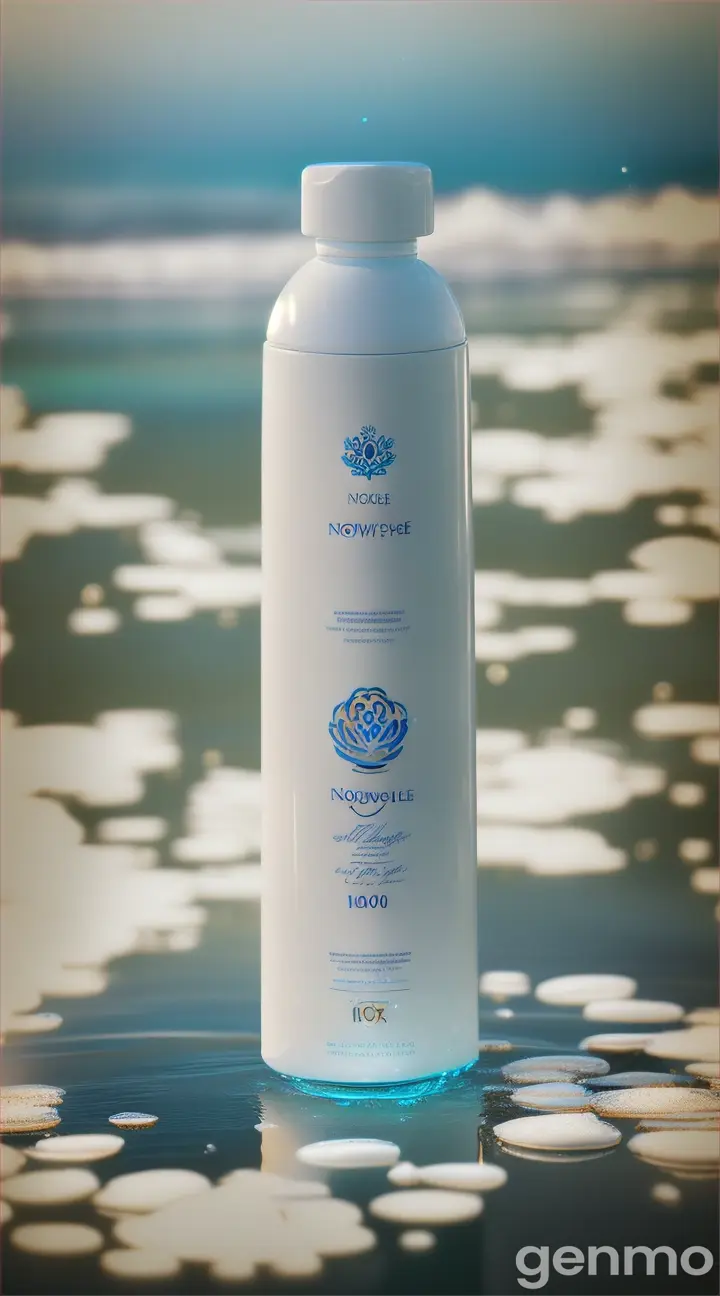 Macro shoot Create a high quality photorealistic 3d image of a luxurious white matte shampoo bottle with white cap "Color Glow" by NOUVELLE. The bottle should be 1000ml in volume, . The base of the bottle should be in foam, as if it looks out of the sea and splashes, the effect of the bottle sinking into the water. Background blue linen flowers .With Sony Alpha a9 II and Sony FE 200-600mm f/5.6-6.3 G OSS lens, natural light -ar 9:16