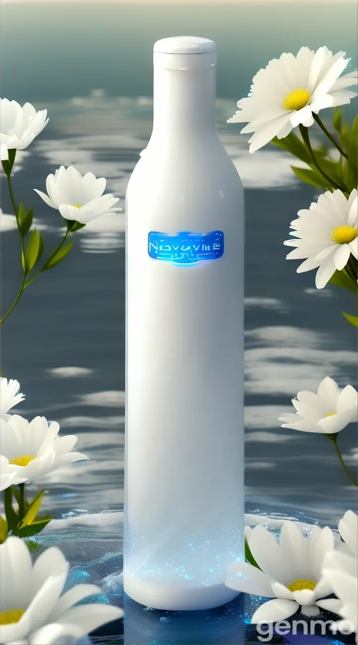 Macro shoot Create a high quality photorealistic 3d image of a luxurious white matte shampoo bottle with white twist cap "Color Glow" by NOUVELLE. The bottle should be 1000ml in volume, . The base of the bottle should be in foam, as if it looks out of the sea and splashes, the effect of the bottle sinking into the water. Background blue linen flowers .With Sony Alpha a9 II and Sony FE 200-600mm f/5.6-6.3 G OSS lens, natural light  -ar 9:16