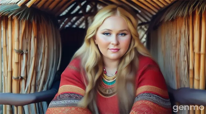 beautiful pragnent blonde Russian woman plus size, Long hair, Zulu traditional dress for plus size, sitting bamboo Zulu village Hut 