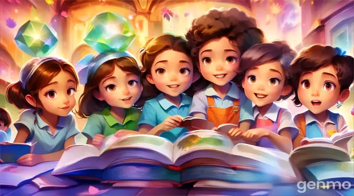 a group of children reading a book together