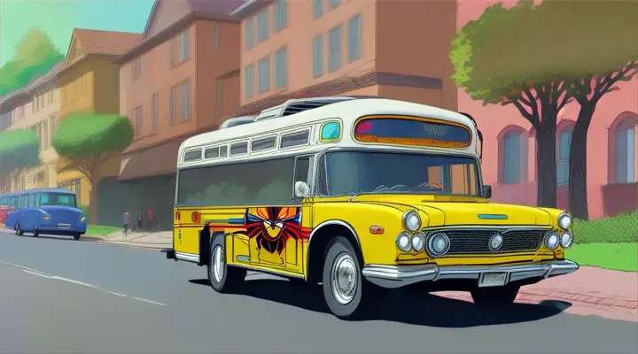 comic animated movie man richard gere running down the street between country family houses, far behind is a bus, everything is colorfully drawn like a comic book in high definition hd