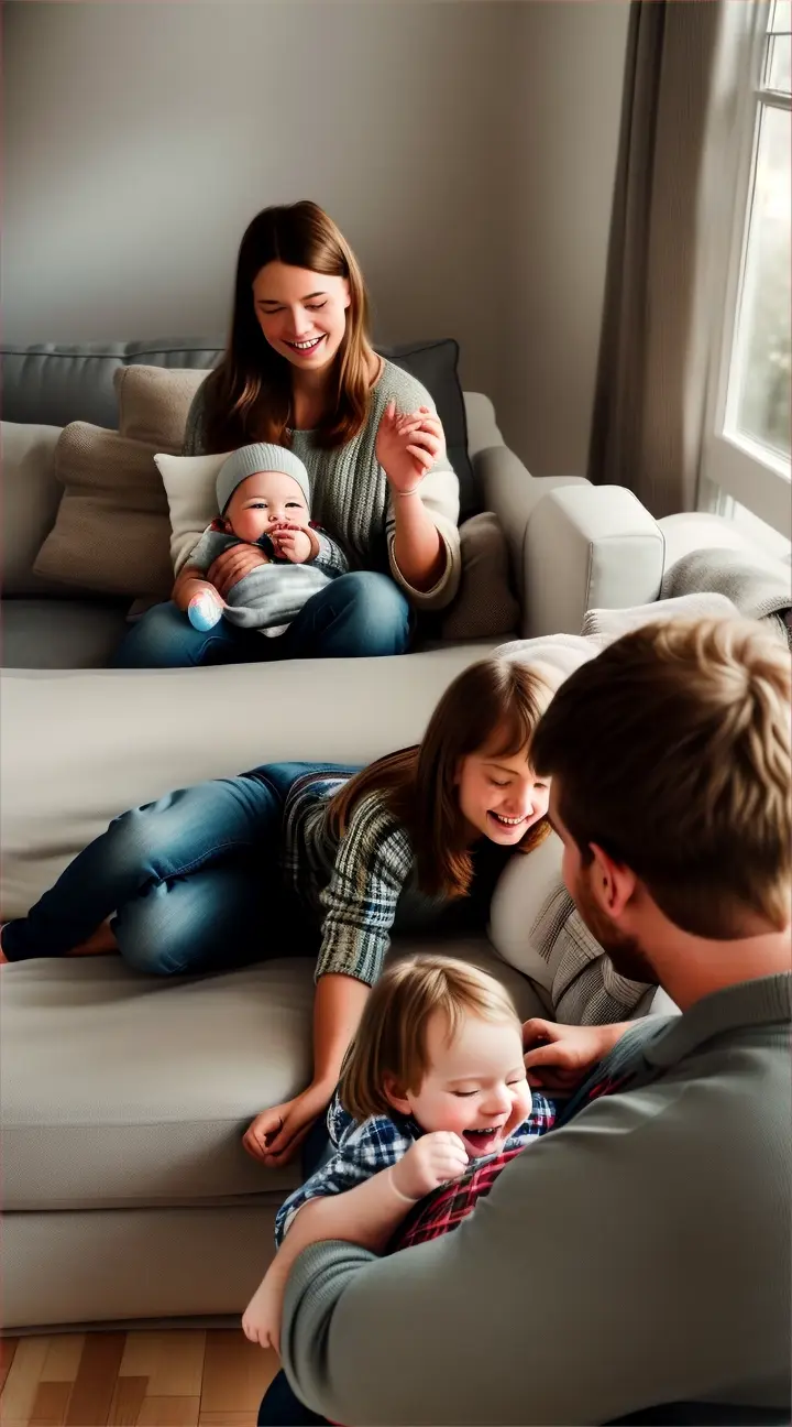 Show a cozy living room with family photos on the walls. A father, David, playing with his young son, Max, and teenage daughter, Emma.