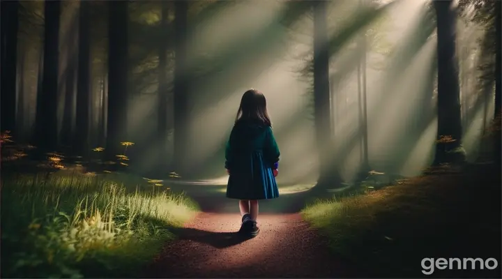 Picture little girl entering a dark and dense forest filled with various sounds of animals. Despite the fearsome atmosphere, little girl moves forward with courage.