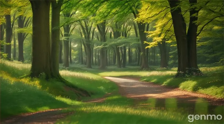 A sun-dappled forest clearing, with lush green trees, colorful wildflowers, and a gentle breeze rustling through the leaves.