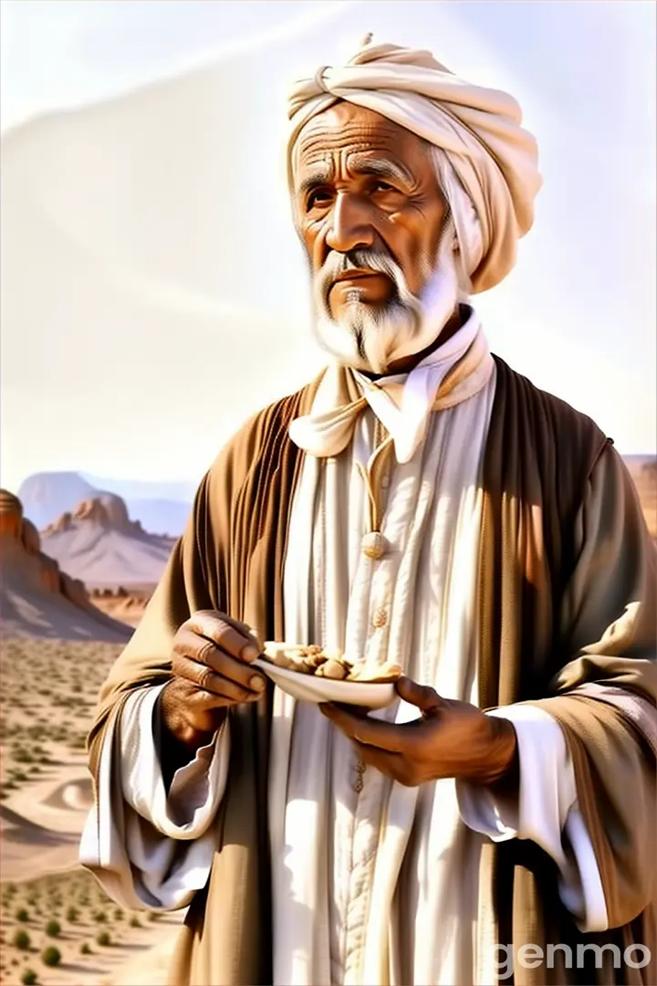 Elder in white turban eating under a full moon on a Middle Eastern 