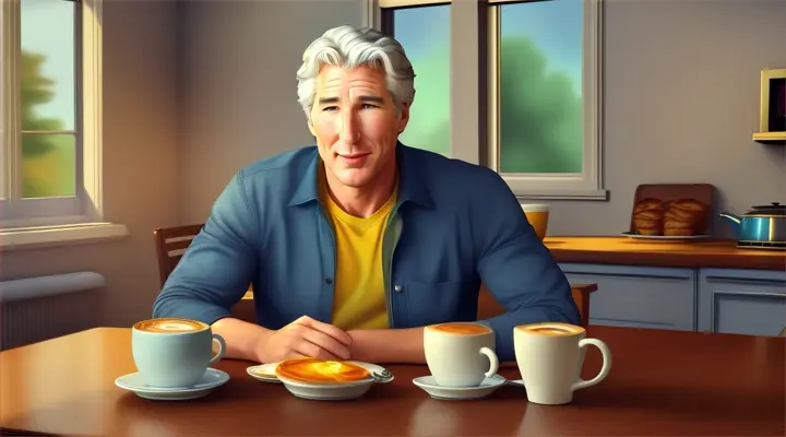 comic animated film ((man Richard Gere)) in the kitchen sitting at the table, coffee, tea, bread, milk, cheese - breakfast, it is drawn in color like a comic in high resolution HD