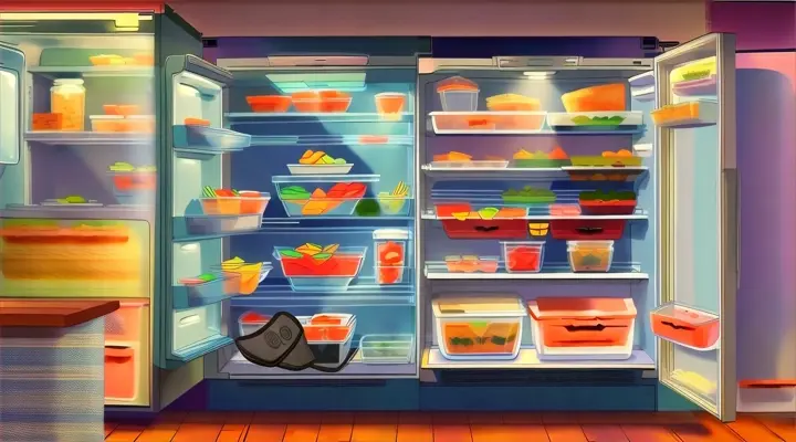 comic cartoon movie details of open refrigerator, bottom left are slippers - they walk out of the refrigerator, it is colorfully drawn like a comic in HD high resolution