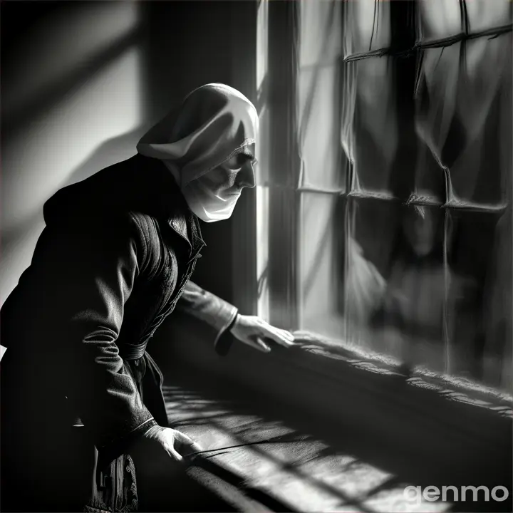 The ghostly figure dragging a lifeless body outside the window, its gaze suddenly turning towards a window