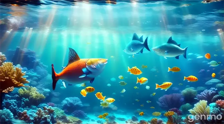 an underwater scene with fish and corals