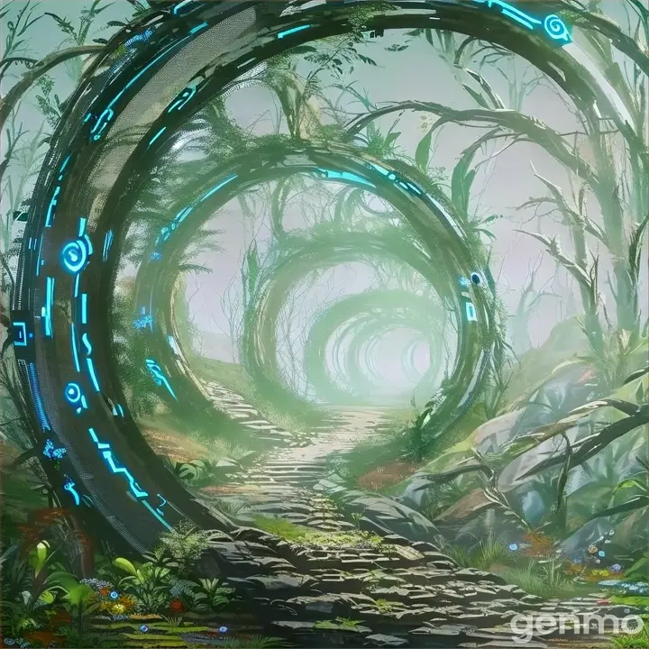 a painting of a circular tunnel in the middle of a forest