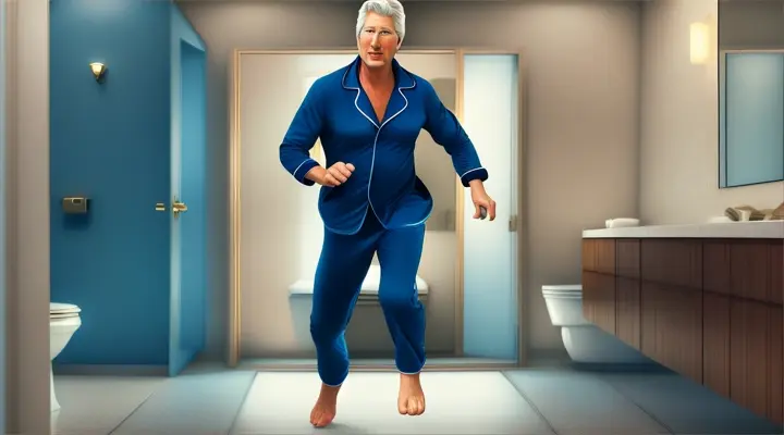 comic animated film detail Richard Gere in blue pajamas running around a large bathroom with a toilet, it is drawn in color like a comic in high resolution HD