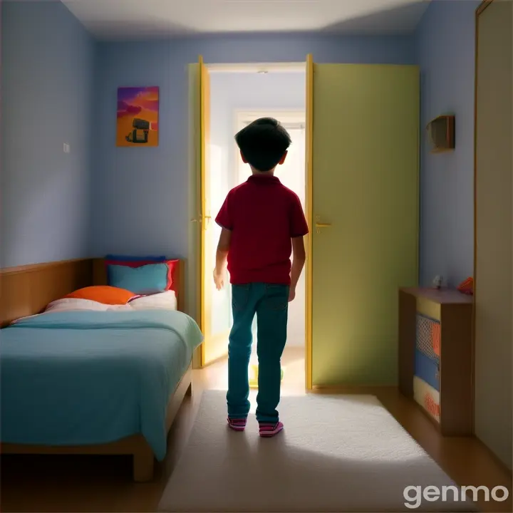 I 12year boy walking to a wall near his bed in his room in daylight