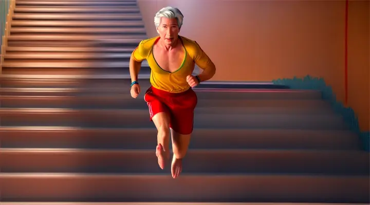 comic animated movie close-up Richard Gere barefoot, ((only in red shorts)) running up the stairs, it is colorfully drawn like a comic in high resolution HD