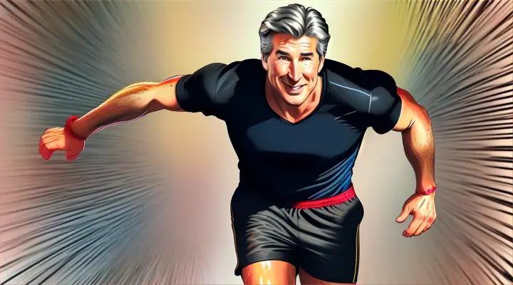 comic animated movie close-up Richard Gere barefoot in only black shorts running in the big bedroom is drawn in color like a comic in high definition HD