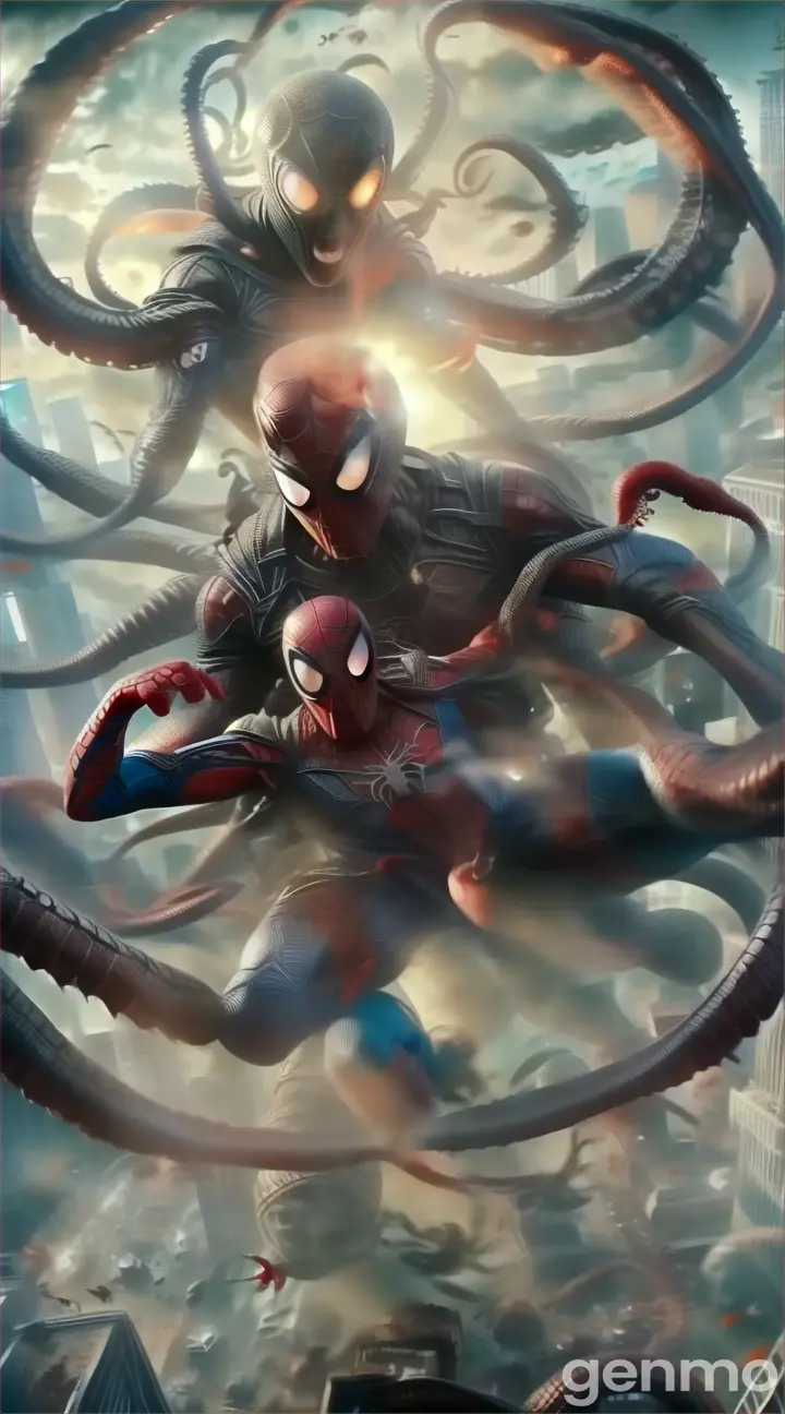 a spider - man and a giant octopus are in the air