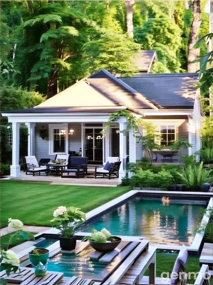 a backyard with a pool, table and chairs