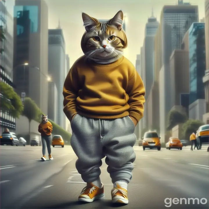 cat in a sweater does a quick shuffle dance in the street