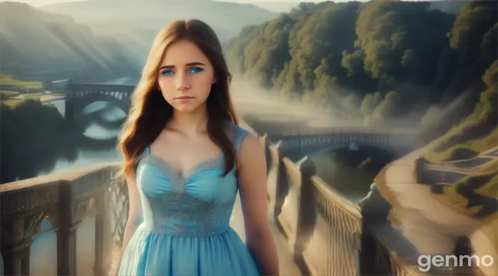 A beautiful girl with blue eyes wearing a sky dress is crying sadly on a bridge in a picturesque landscape 