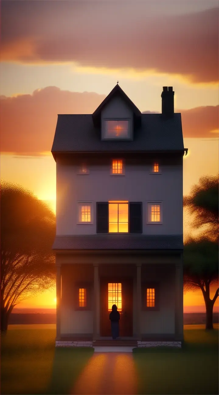 Show a sunset over their small home, the family silhouetted in the doorway.