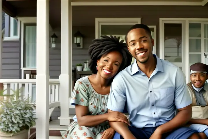 a man and woman sitting on the porch of a house