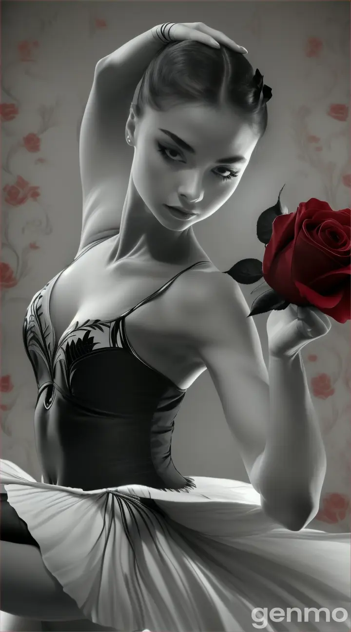 A ballerina dancing with red rose black and white only color are the red roses 