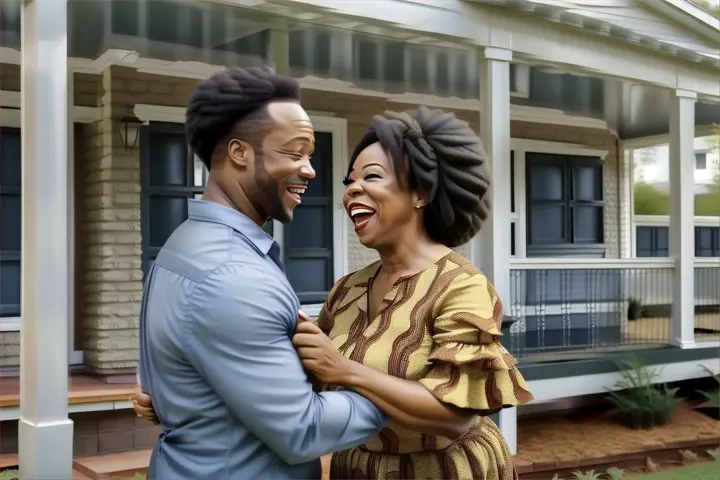 a man and woman standing in front of a house