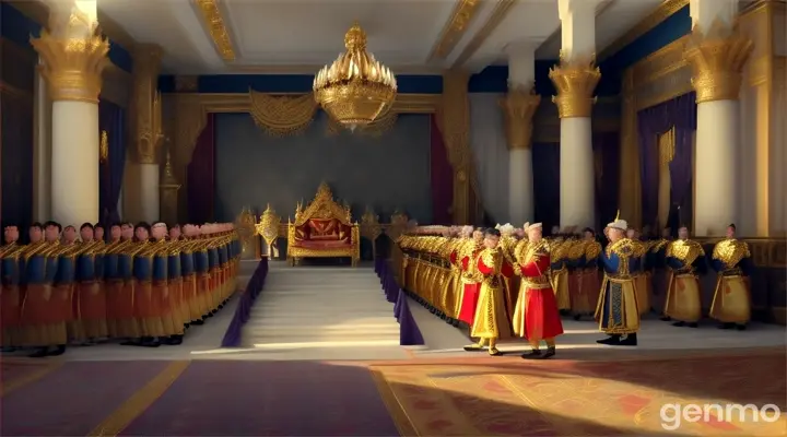 in the royal palace Show the group collectively stepping forward, their faces filled with concern and desperation. The Chief Minister speaks earnestly, followed by other courtiers and family members, each pleading with the king bali was a 70-year-old fair-skinned handsome prince, dressed in royal attire, was a very arrogant and proud king. radiating grace and beauty 3d rendering and vibrant color