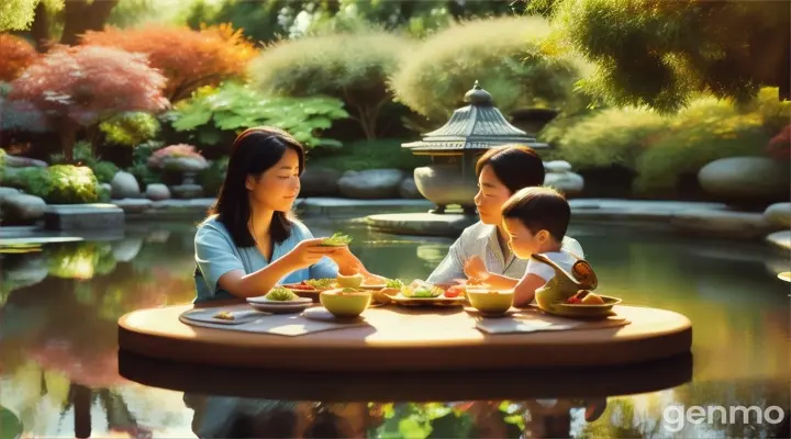 A family enjoying a meal by a tranquil koi pond surrounded by lush gardens