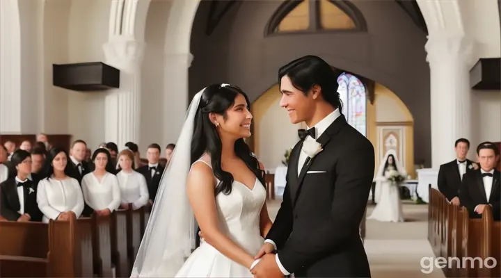 inside the church, a smiling young man with slicked back surfer black hair in black wedding suit with white undershirt and black Bow tie and a young woman with long black hair in wedding dress holding a white flower standing at the alter in front of a lot of crowd of people facing each other holding hands