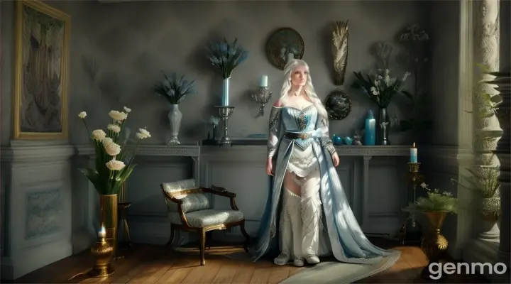 Realistic photo. She's a beautiful young woman. Aztec albino woman with silver hair and bright blue eyes hunting in the forest in a gallery. in front of the tapestries hung on the walls. looking at us. he is standing. We see the woman's entire body. There is a vase and flowers right next to it. gray walls. There is cinematic lighting. 16:9