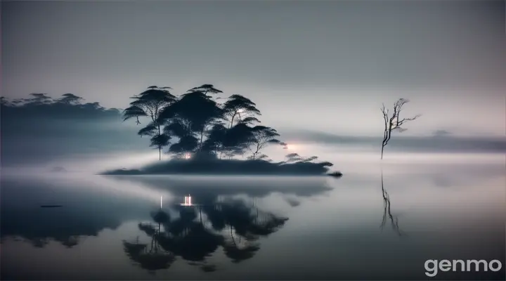 A horror cinematic of a calm lake in a thick fog, in a remote area in Indonesia, dark moonlit night