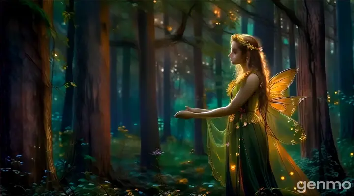 a woman dressed as a fairy standing in a forest