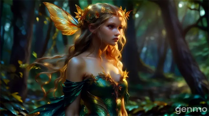 a woman dressed as a fairy standing in a forest