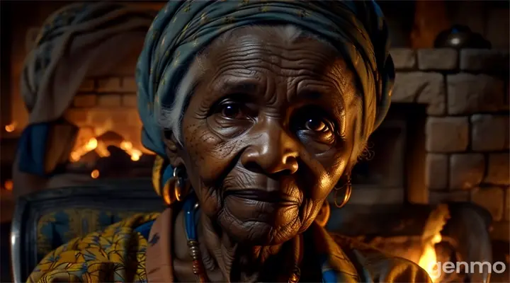 an old woman with a head scarf on in front of a fire