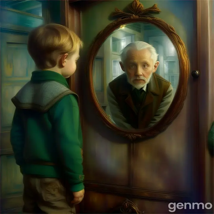 a little boy looking at an old man in a mirror