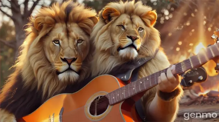 Lion serenading an acoustic Beatles song with a guitar by a campfire