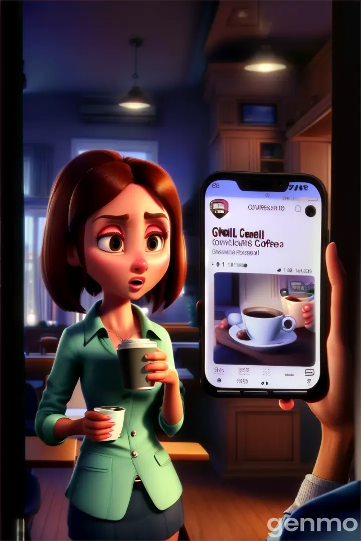 a woman holding a cup of coffee next to a cell phone