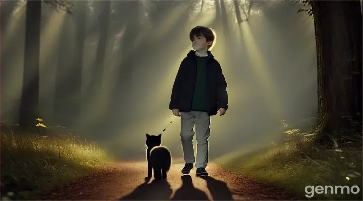 Leo's heart went out to the little kitten. "Don't worry," he said with a reassuring smile. "I'll help you find your way back home."

As they ventured into the deep, dark woods, Leo kept the kitten close by. Every rustling leaf and snapping twig made the kitten jump, but Leo remained calm and vigilant.