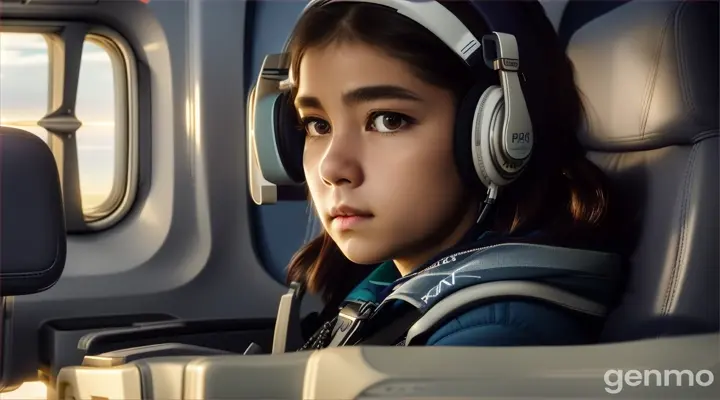 The pilot announces an emergency landing over the intercom. Luna, in a stylish jacket and pants, listens intently, holding her small backpack tightly on her lap, her face showing a mix of fear and determination."