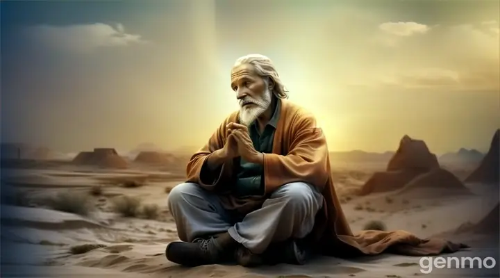 an old man sitting in the middle of a desert