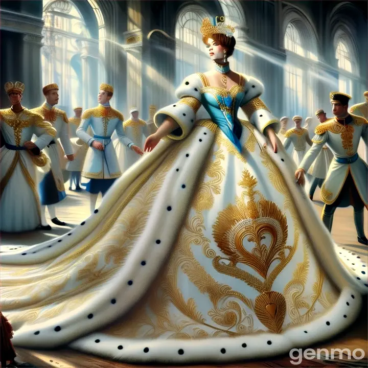 a painting of a woman in a white and gold gown
