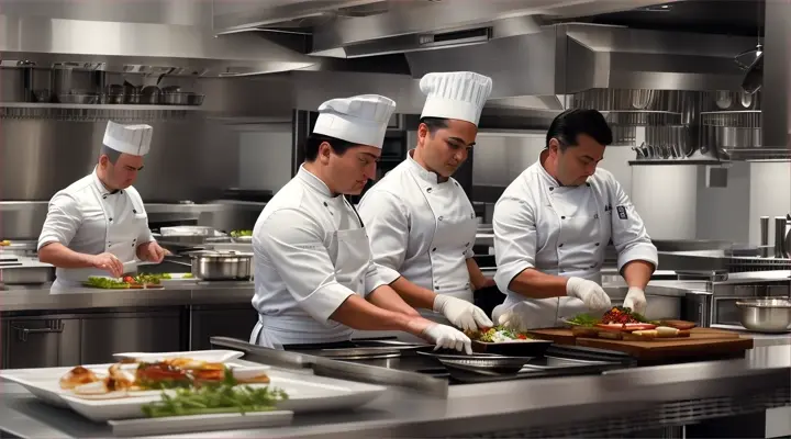 Scene 0/
Show the entire kitchen from the background, several chefs are busy preparing food. The restaurant's food section looks chic and modern, with chefs in white uniforms working on various dishes. The atmosphere is lively and dynamic