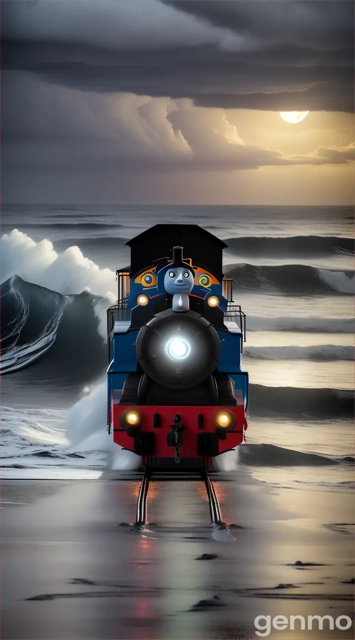 Create a video of Thomas the train With Spider Legs with sharp Teeth near Sea tides