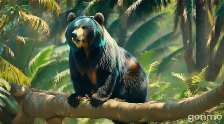 A Himalayan bear in a lush tropical jungle, sitting on a palm tree and enjoying a fish lunch