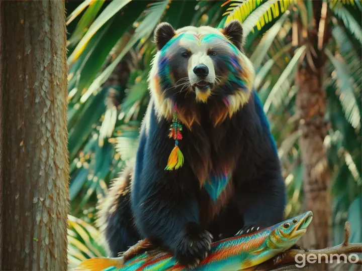 Himalayan bear eats fish on a palm tree