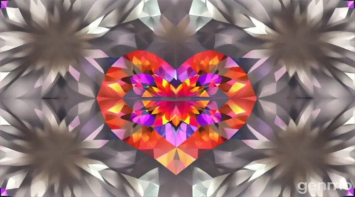 A cubist-styled heart made of symmetrical flower petals reflected in a faceted crystal, each piece unique with different textures.
