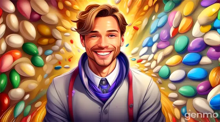 a painting of a man surrounded by sugar candy