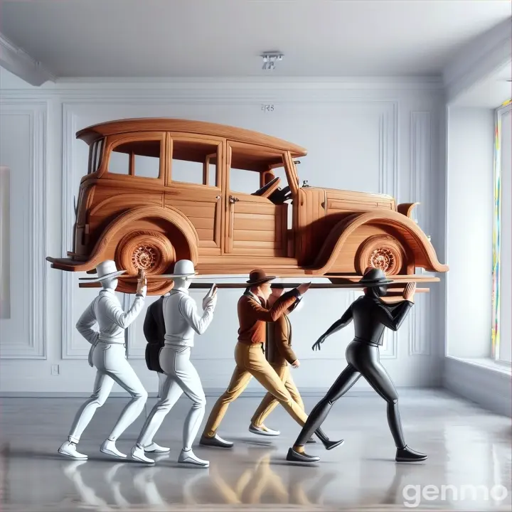 a group of mannequins carrying a wooden car