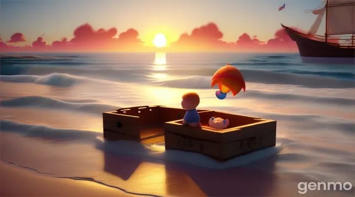 3d animation cartoon wood box contain baby human bring by ocean waves