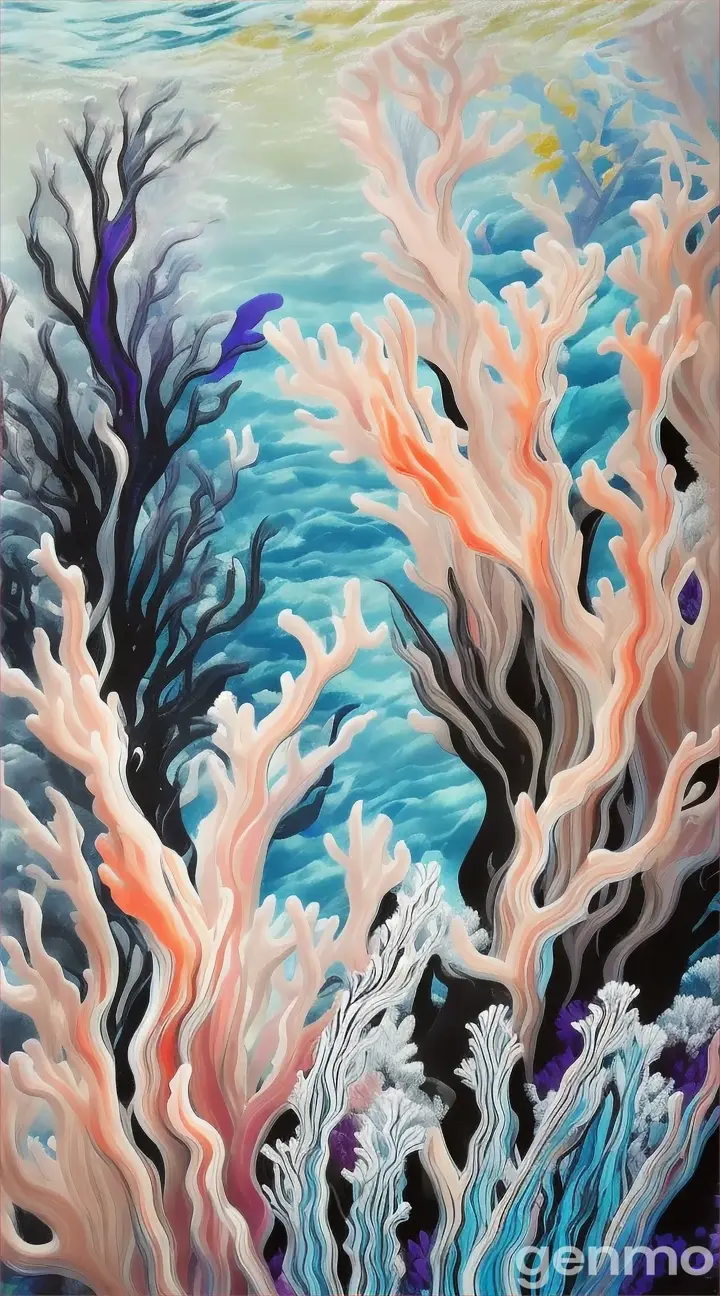 A watercolor painting of a vibrant coral reef, surrounded by black and white water that looks like ink in water